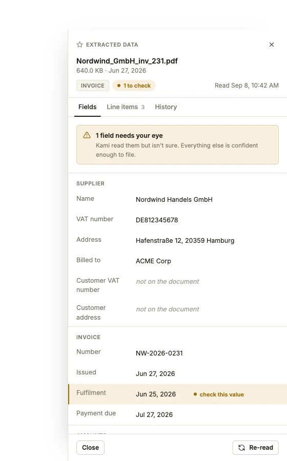 kami invoice review showing extracted supplier details, invoice fields and a review flag, with sample data in the English interface.